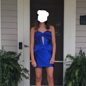 Sherri Hill Royal Blue Strapless Mini Dress with Cutout